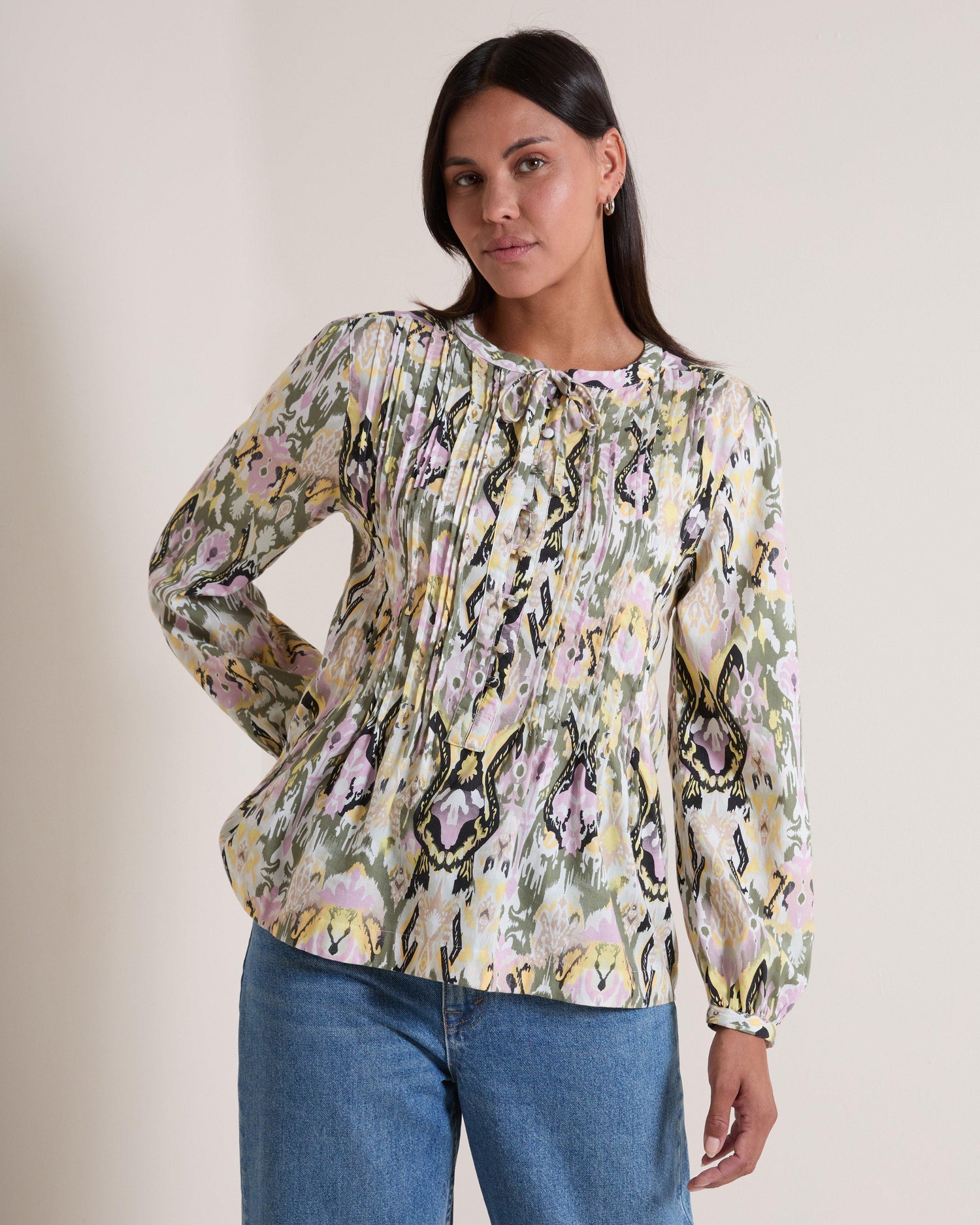 Rare Earth Women's Wisteria Blouse Printed Cotton Mandarin Collar